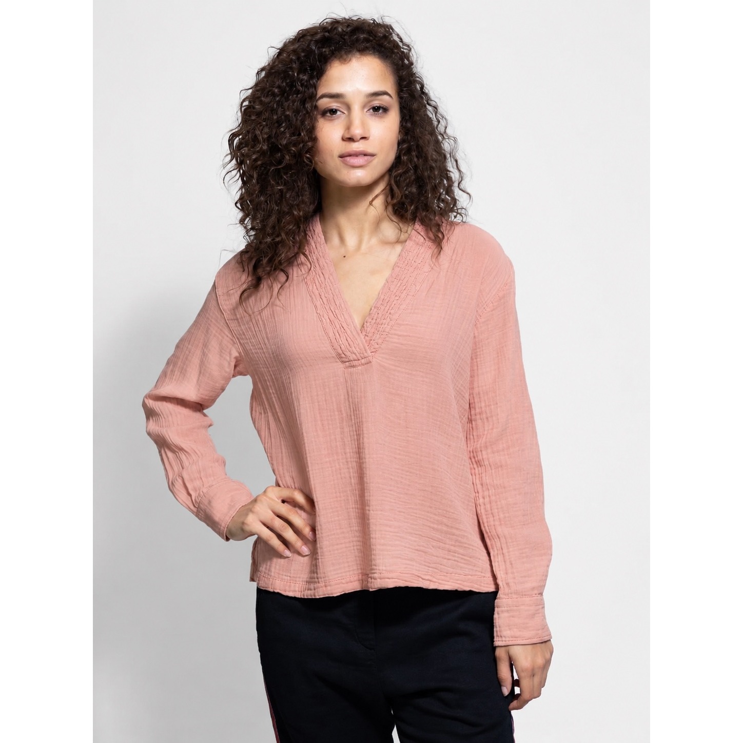 Xirena Chelsea Top Cotton Gauze V-Neck Blouse Muted Pink Long Sleeve Blouse L
